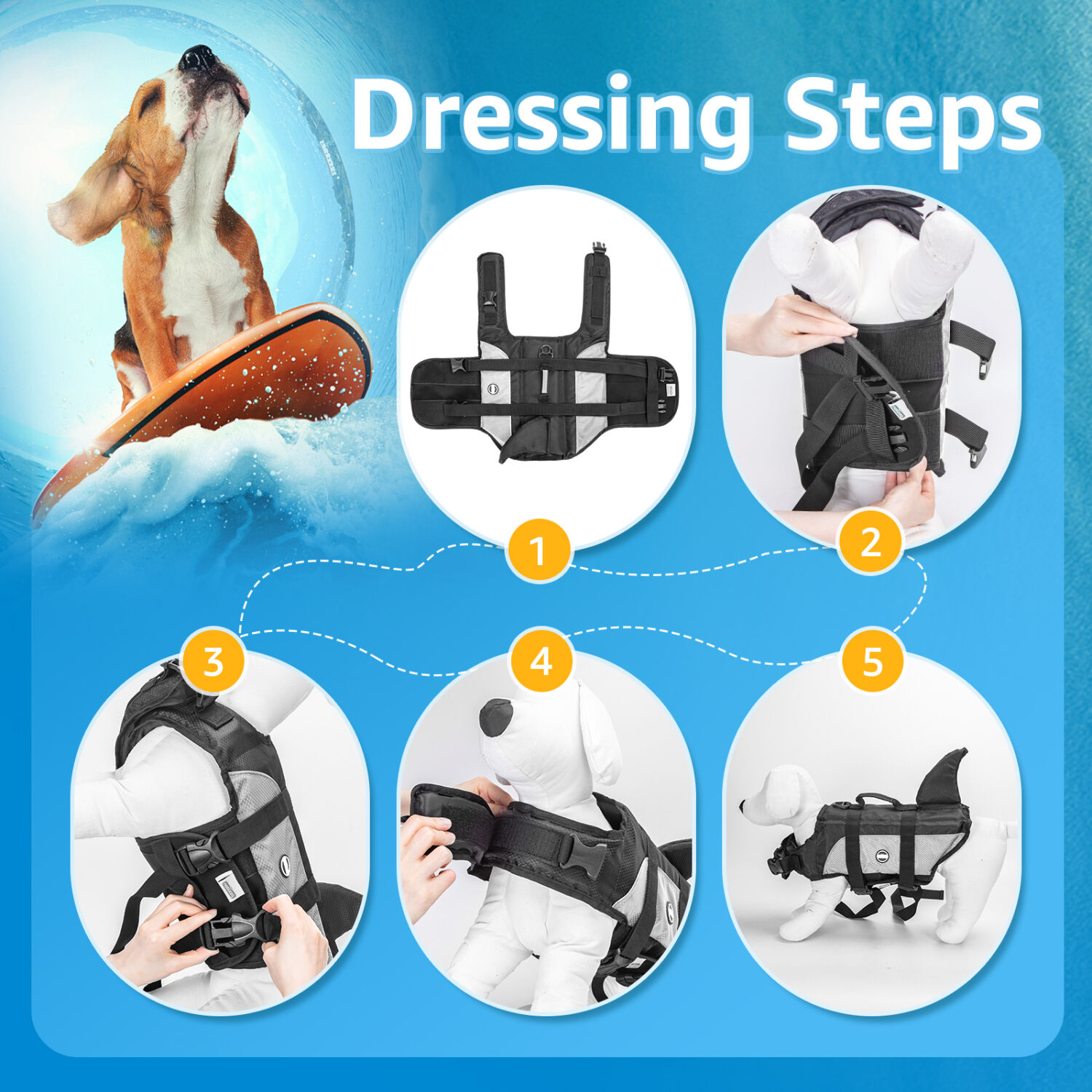 Nobleza - Chaleco Salvavidas para Perros con Aleta De Tibur&oacute;N， Flotador Perro con Tiras Reflectantes， Chaleco de Nataci&oacute;n para Perro con Asa y Alta Flotabilidad para Nadar， Surf， Navegar， Gris(XL), , large Imagen numero 5